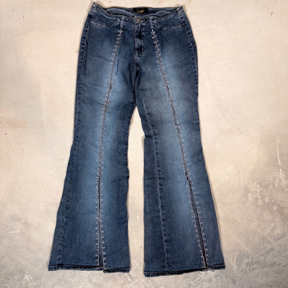 Angels Womens Blue Flare Jeans Size 9 Y2K Contrast Stitch Front Seam Stretch
